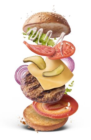 Delicious burger with flying ingredients isolated on white backgroundの写真素材