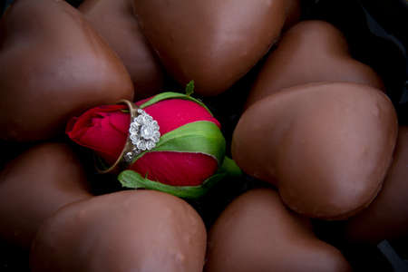 Ring on Rose Surrounded by Chocolatesの写真素材
