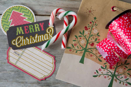 Rustic Craft Christmas Decorations, Candy Cane, Ribbon and Labelsの写真素材