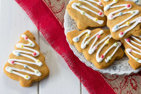 Decorated Christmas Tree Cookies with Sugar Pearls from Above