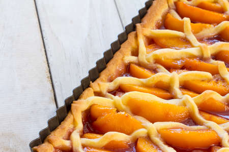 Melba Shortcake in a Pie Dish on Table with Copy Spaceの写真素材