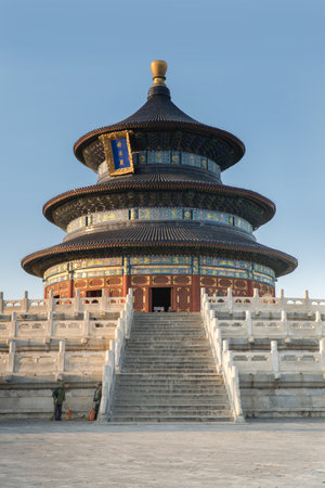 Temple of Heaven on a Sunny Afternoon with inscription "Hall of Prayer for Good Harvest" Beijing China - vertical, No peopleのeditorial素材