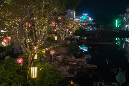 YANGSHUO CHINA, NOV 23: Tree Lanterns in Yangshuo China at Night Nov 23 2017のeditorial素材