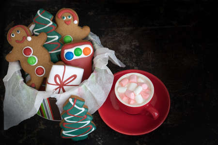 Tin of Christmas Gingerbread Cookies with Hot Chocolate and Marshmallows from Above with Copy Spaceの写真素材