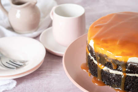A Salted Caramel Chocolate Cake on Cake Stand on Light Background with Copy Space - Close Upの写真素材