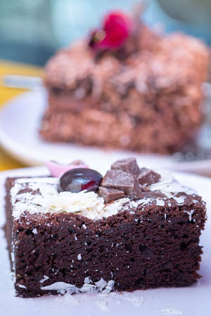 Close Up of a Decadent Chocolate Brownie on a Plate at the Cafe, Selective Focus