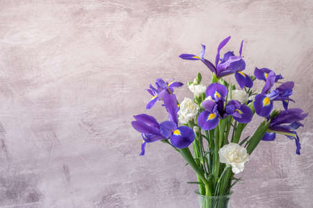 Vase of Purple Irises and White Carnations in a vase against a Rustic Wall with Copy Spaceの写真素材