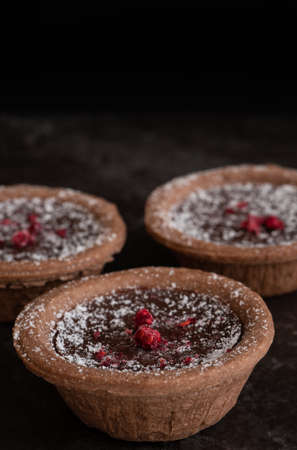 Close-Up of Delicious Chocolate Tarts on Dark Background with Copy Space Verticalの写真素材