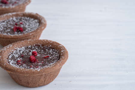 Close-Up of Delicious Chocolate Tarts on White Background with Copy Space