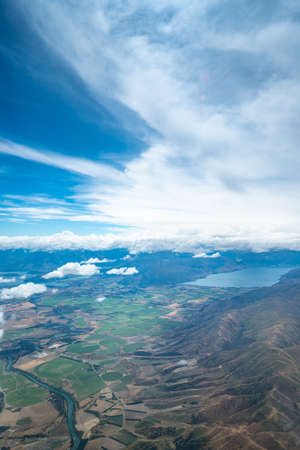 View of Lake Hayes from Plane as It comes into Land at Queenstown New Zealandの写真素材