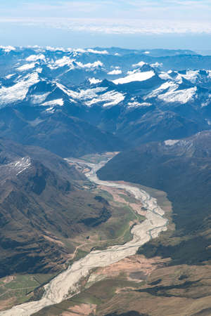 Ariel View of the Southern Alps and Valley in the South Island of New Zealand in Summerの写真素材
