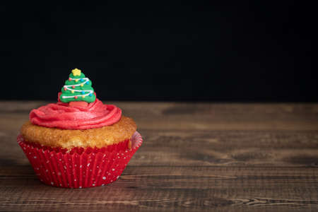 Individual Christmas Cupcake with Christmas tree Topper on Dark Background with Copy Spaceの写真素材