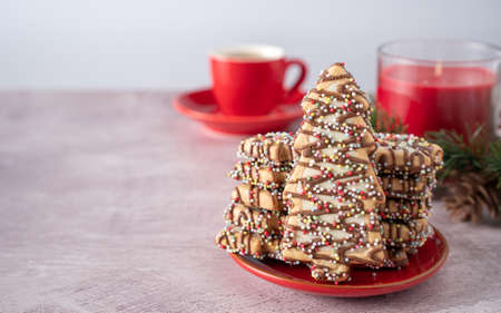 Close-Up of Christmas tree Cookies and Tea on Table with Copy Space Horizontalの写真素材