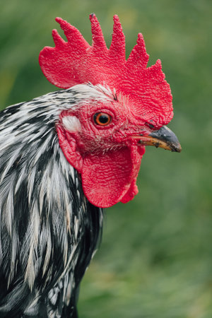 Closeup Portrait of a Black and White Chicken with Selective Focus