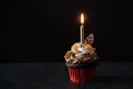 Gourmet Chocolate Birthday Cupcake with Candle on Dark Backgroundの写真素材