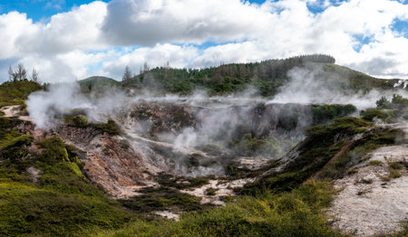Steamy Geothermal Landscape of of Craters of the Moon Taupo New Zealandの写真素材