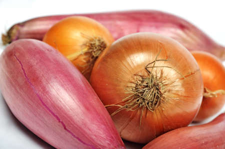 Red and yellow onions on a white backgroundの写真素材