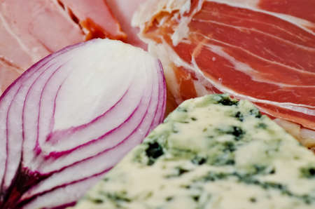 Onion, cheese and bacon, closeup photo.の写真素材