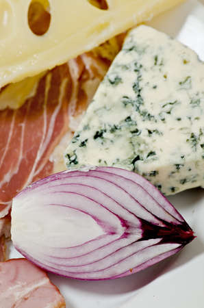 Onion, cheese and bacon, closeup photo.の写真素材