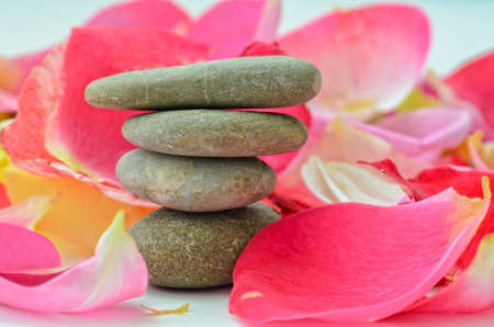 Stacked spa stones with rose petals and green nature.の写真素材