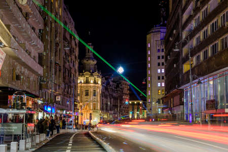 Bucharest, Romania  April 23, 2015: Calea VictorieiVictory Avenue during the Bucharest International Light Festival.のeditorial素材
