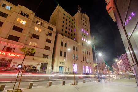 Bucharest, Romania  April 23, 2015: Calea VictorieiVictory Avenue during the Bucharest International Light Festival.のeditorial素材