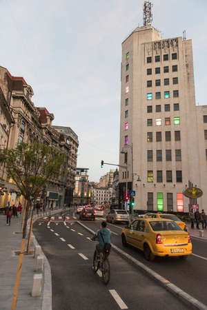 Bucharest, Romania  April 23, 2015: Calea VictorieiVictory Avenue during the Bucharest International Light Festival.のeditorial素材