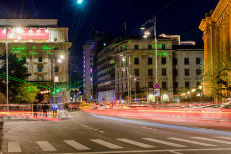 Bucharest, Romania  April 23, 2015: Calea VictorieiVictory Avenue during the Bucharest International Light Festival.のeditorial素材