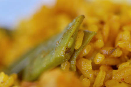 Paella valenciana, close up photo.の写真素材