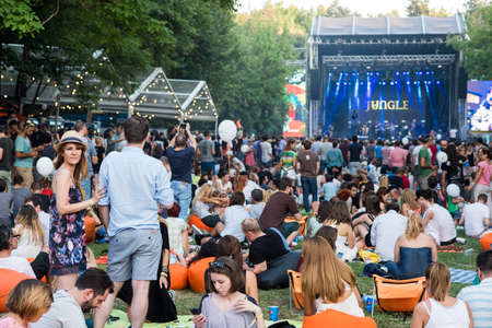 Buftea, Romania  August 9, 2015:  People having fun at the third edition of the music festival 'Summer Well' on 8-9 August at 'Domeniul Stirbey' in Buftea, a suburb in the capital Bucharest. Ten music bands have been invited to perform at the festival.のeditorial素材