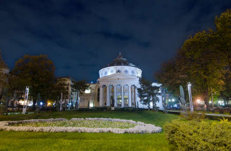 Bucharest Nightscene - Romanian Atheneum, an important concert hall and a landmark for Bucharest.のeditorial素材