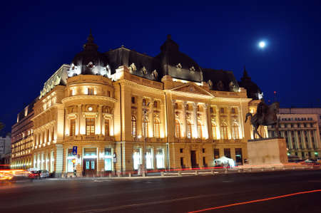Bucharest, Romania - September 27, 2012: The Central University Library of Bucharest Romanian: Biblioteca Central Universitar, night scene.のeditorial素材
