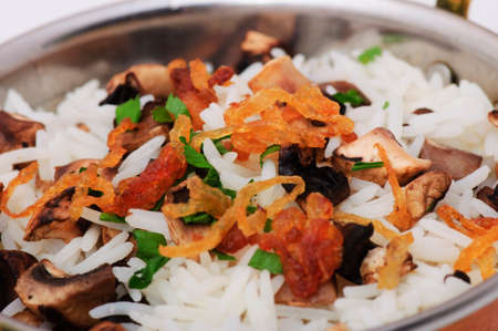 A vegetarian meal: white rice with vegetables.の写真素材