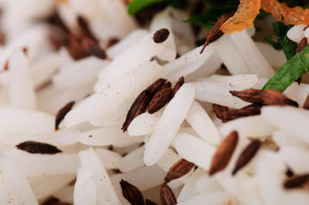 A vegetarian meal: white rice with vegetables.の写真素材