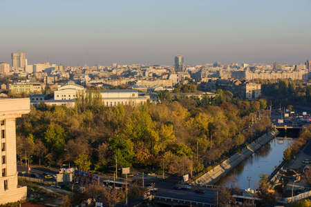 Bucharest , Romania - November 4, 2015 â Bucharest, the capital of Romania - view from above, over Dimbovita river at sunset.のeditorial素材