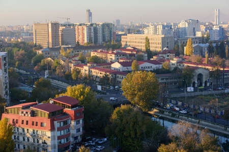 Bucharest , Romania - November 4, 2015 â Bucharest, the capital of Romania - view from above, over Dimbovita river at sunset.のeditorial素材