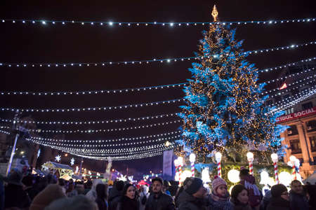 Bucharest, Romania  November 29, 2014: Christmas Market at the University Square, in Bucharest downtown.のeditorial素材
