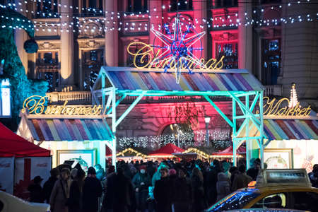 Bucharest, Romania  November 30, 2014: Christmas Market at the University Square, in Bucharest downtown.のeditorial素材