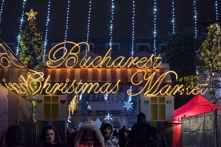 Bucharest, Romania  November 30, 2014: Christmas Market at the University Square, in Bucharest downtown.のeditorial素材