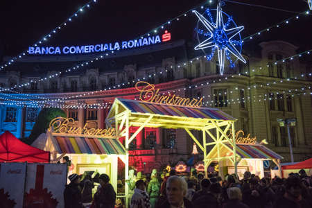 Bucharest, Romania - November 30, 2014: Christmas Market at the University Square, in Bucharest downtown.のeditorial素材