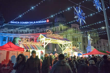 Bucharest, Romania - November 30, 2014: Christmas Market at the University Square, in Bucharest downtown.のeditorial素材