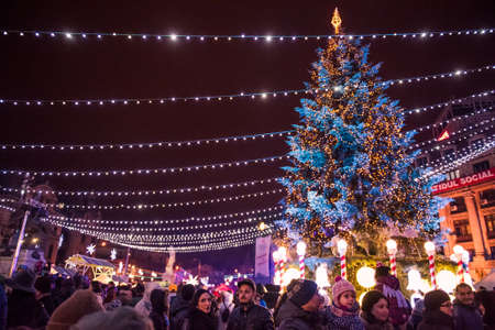 Bucharest, Romania - November 30, 2014: Christmas Market at the University Square, in Bucharest downtown.のeditorial素材
