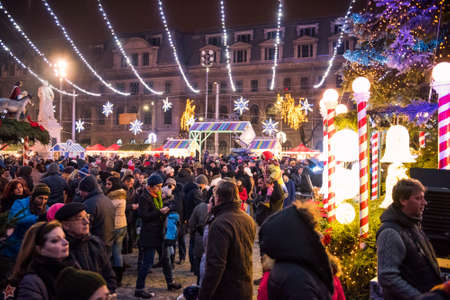 Bucharest, Romania - November 30, 2014: Christmas Market at the University Square, in Bucharest downtown.のeditorial素材