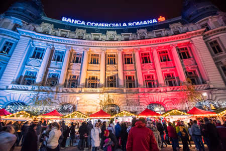 Bucharest, Romania - November 30, 2014: Christmas Market at the University Square, in Bucharest downtown.のeditorial素材