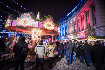Bucharest, Romania - November 30, 2014: Christmas Market at the University Square, in Bucharest downtown.のeditorial素材