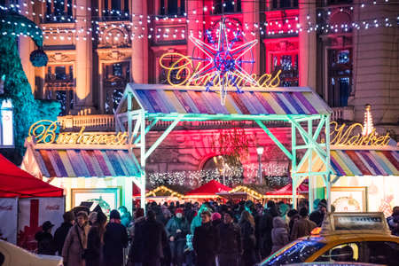 Bucharest, Romania â November 30, 2014: Christmas Market at the University Square, in Bucharest downtown.のeditorial素材