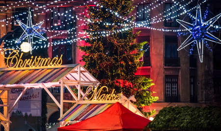 Bucharest, Romania â November 30, 2014: Christmas Market at the University Square, in Bucharest downtown.のeditorial素材