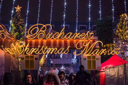Bucharest, Romania â November 30, 2014: Christmas Market at the University Square, in Bucharest downtown.のeditorial素材