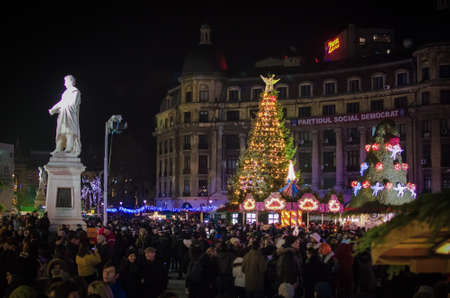 Bucharest, Romania - December 06, 2013: Christmas Market at the University Square, in Bucharest downtown.のeditorial素材