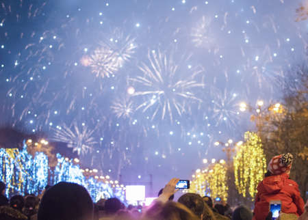 Bucharest, Romania â December 31, 2013: Fireworks on the New Year's Eve, in Constitution Square, Bucharest.のeditorial素材